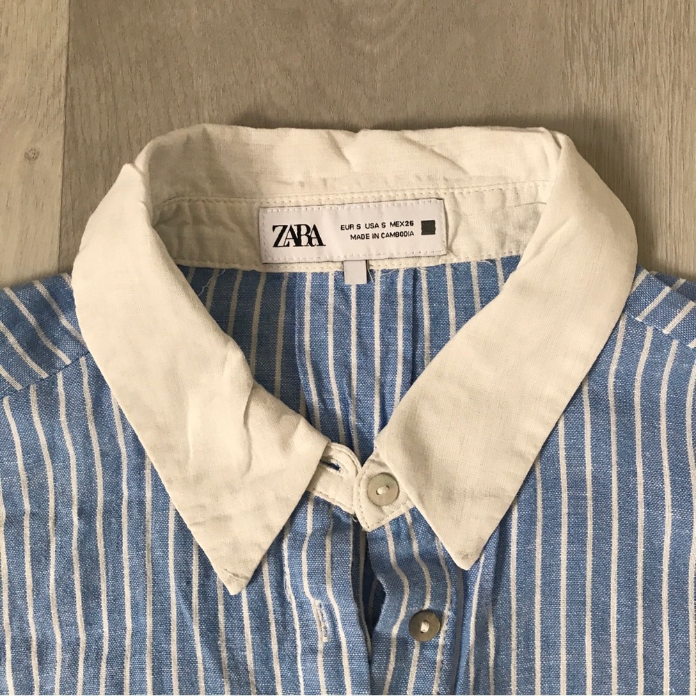 ZARA BUTTON SHIRT BLUE STRIPED BIXY CROP LONG SLEEVE WOMENS SMALL - Picture 2 of 10